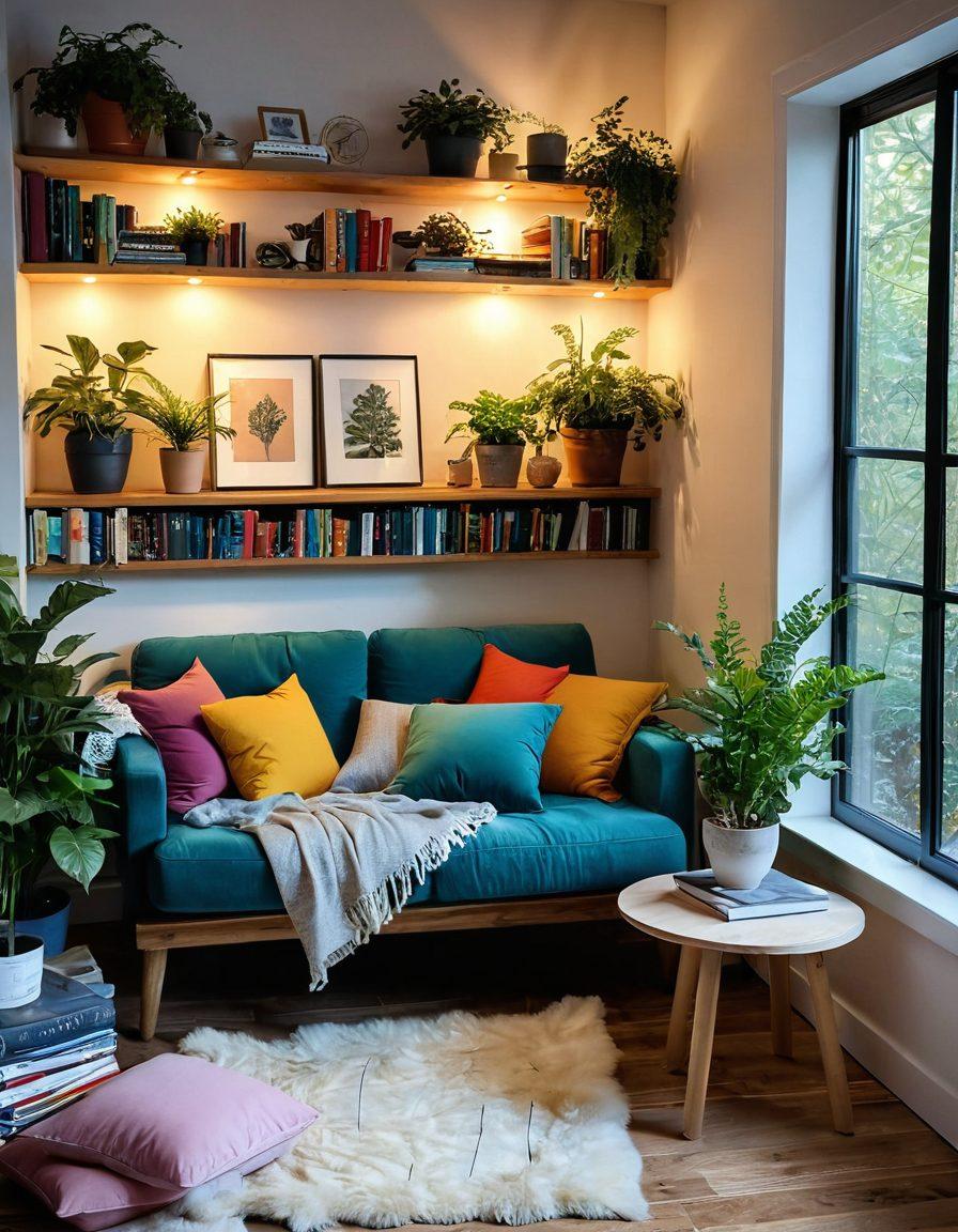 A warm and inviting indoor space featuring a comfortable reading nook with plush cushions, a wooden bookshelf filled with colorful books, and soft, ambient lighting. Incorporate plants for a touch of nature, a steaming cup of tea on a side table, and a cozy throw blanket draping over a chair. The overall atmosphere radiates comfort and tranquility, evoking feelings of joy and relaxation. super-realistic. vibrant colors. soft focus.