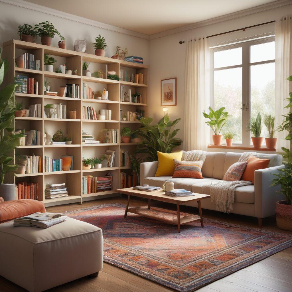A cozy living room filled with soft, inviting textiles and warm lighting, featuring a tranquil seating area with plants. Include a bookshelf with colorful books and personal mementos, a plush rug, and a peaceful atmosphere. Make it feel like a joyful sanctuary. super-realistic. warm colors. soft lighting.