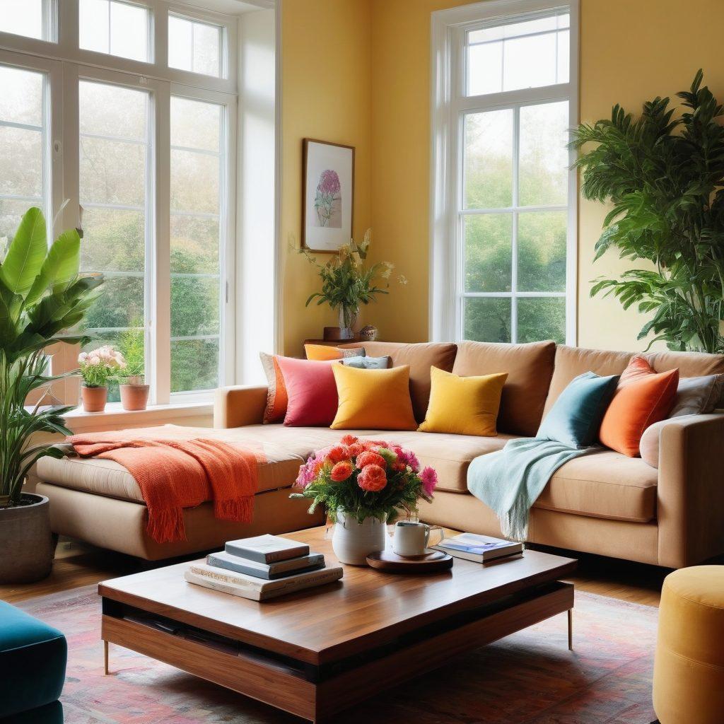A cozy living room with warm, inviting colors, featuring a plush sofa adorned with bright cushions, sunlight streaming through large windows, and indoor plants flourishing. A coffee table set with books and a cheerful bouquet of flowers, creating a sense of calm and happiness. The walls should have soft, cheerful artwork and a gentle ambiance of a tranquil home. super-realistic. vibrant colors. natural lighting.